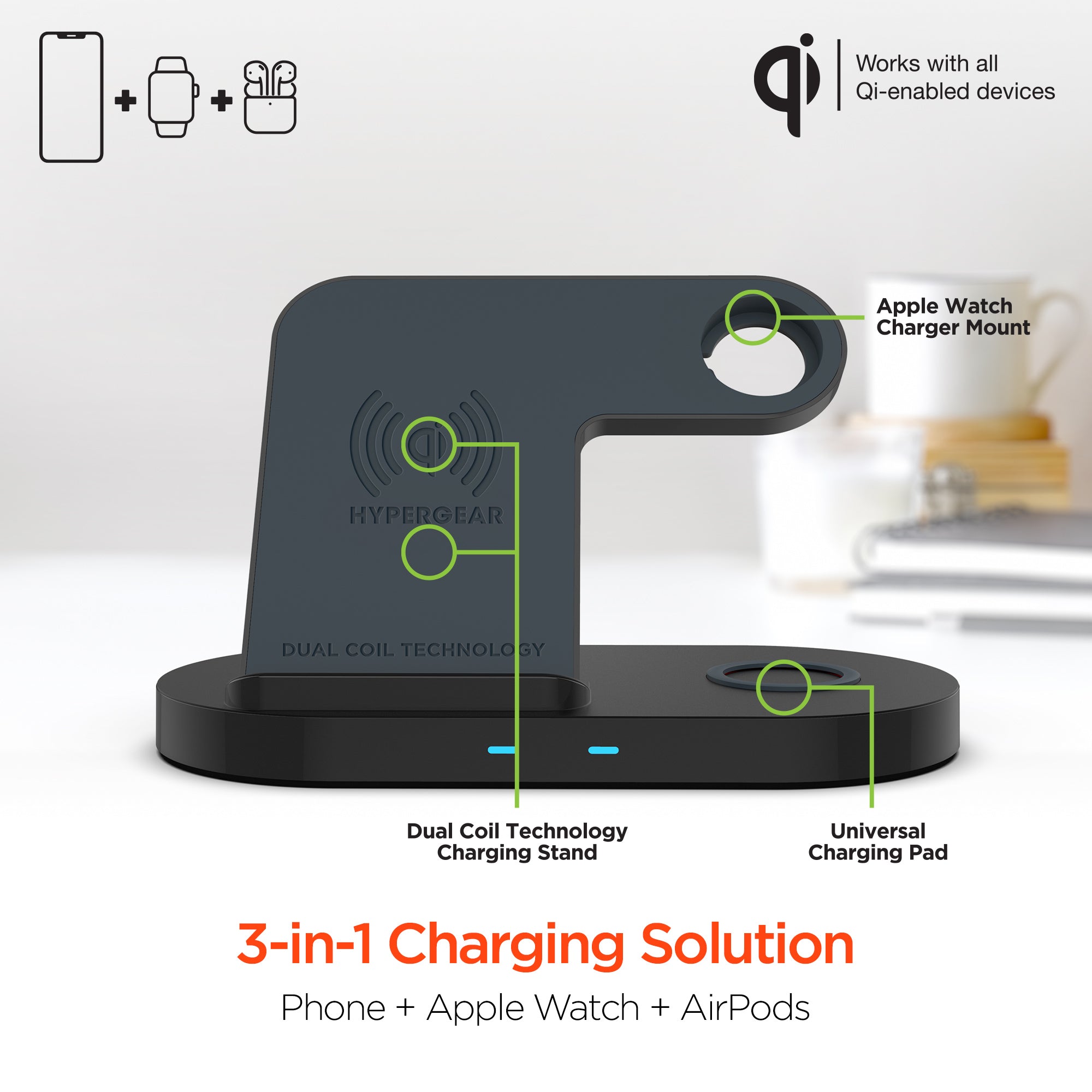 3 in 1 Charging Station for Apple Devices, Self Adjusting Charging Dock 