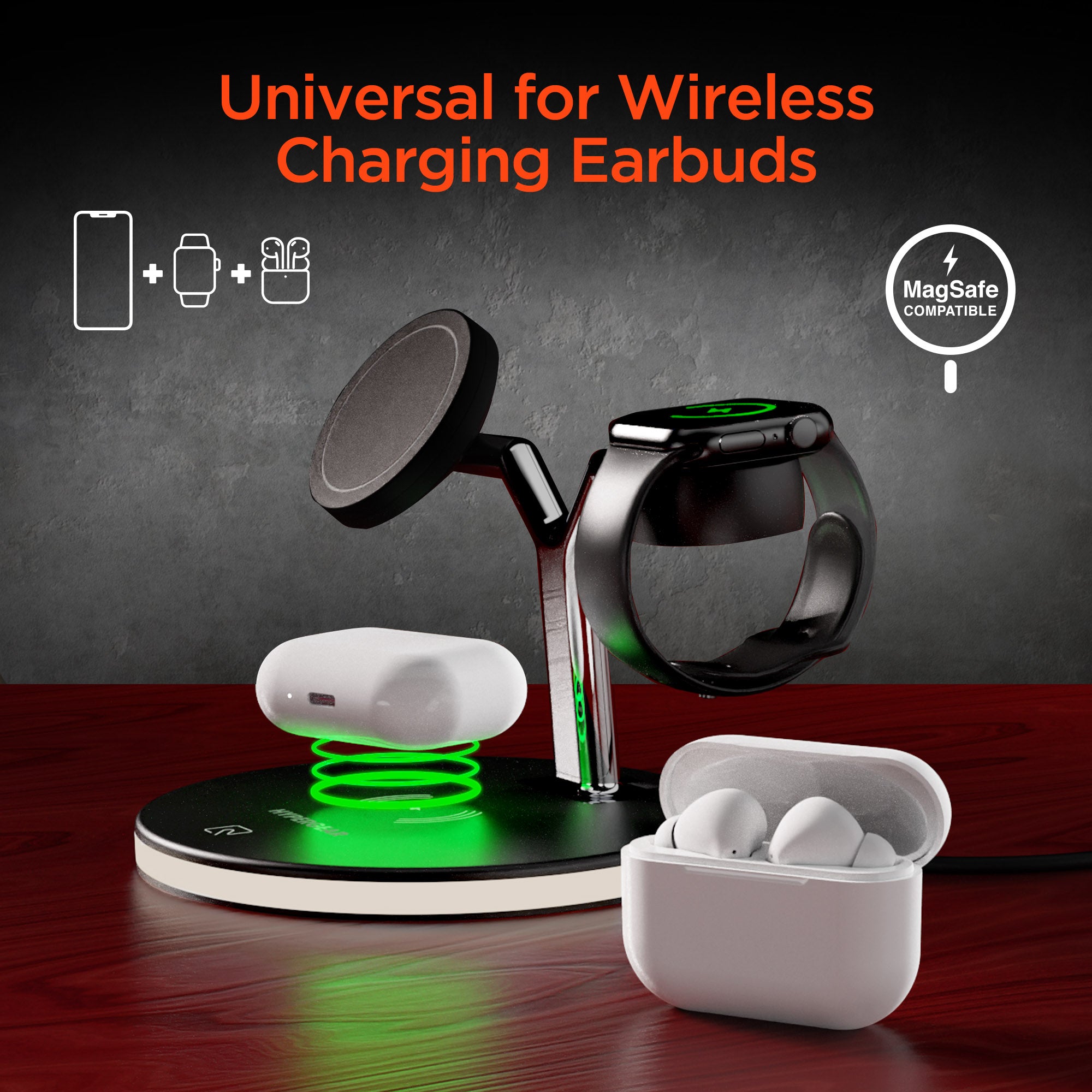 MaxCharge 3-in-1 Wireless Charging Stand with 15W Magnetic Wireless Fast Charge | Black