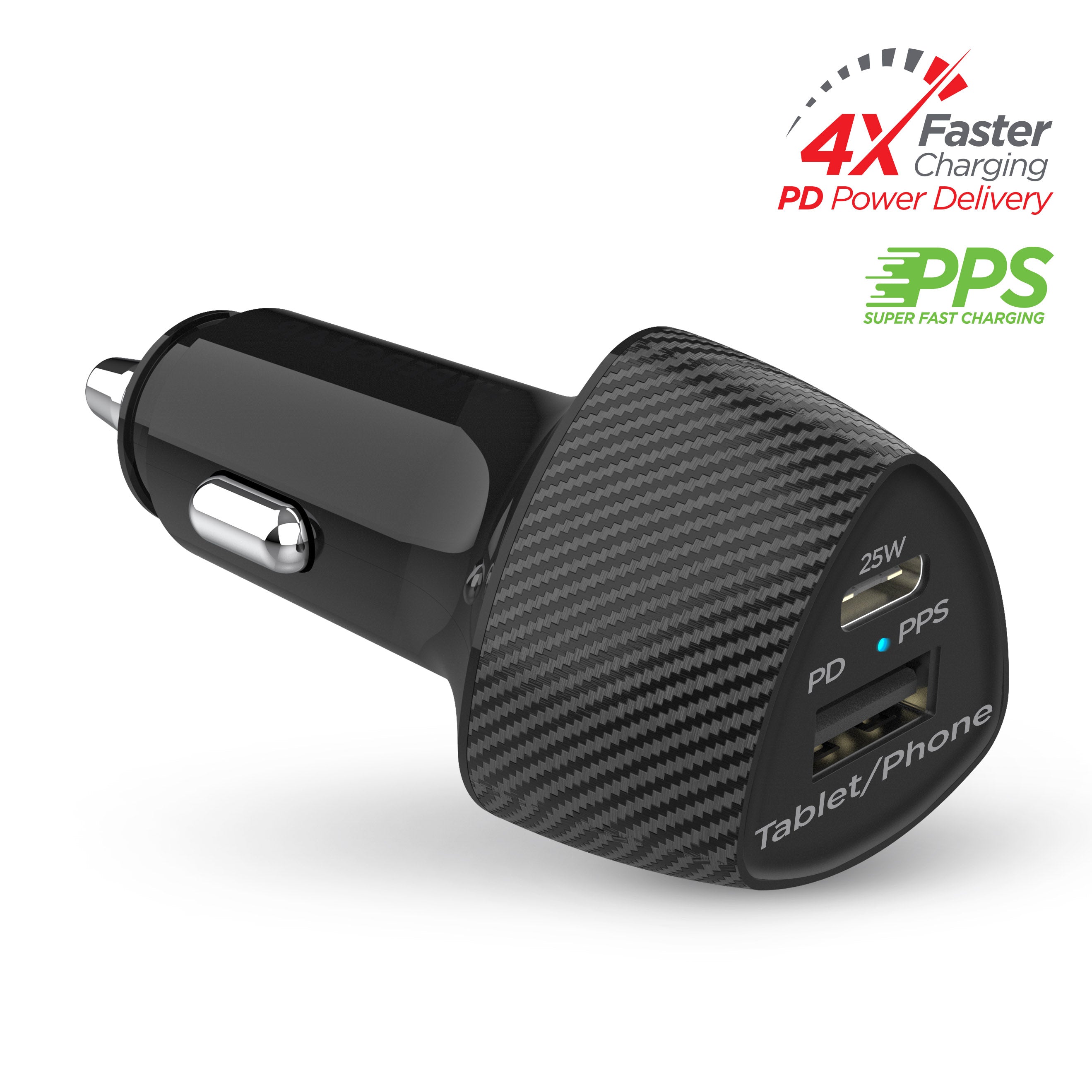 SpeedBoost 25W USB-C PD + 12W USB Fast Car Charger with PPS | Black