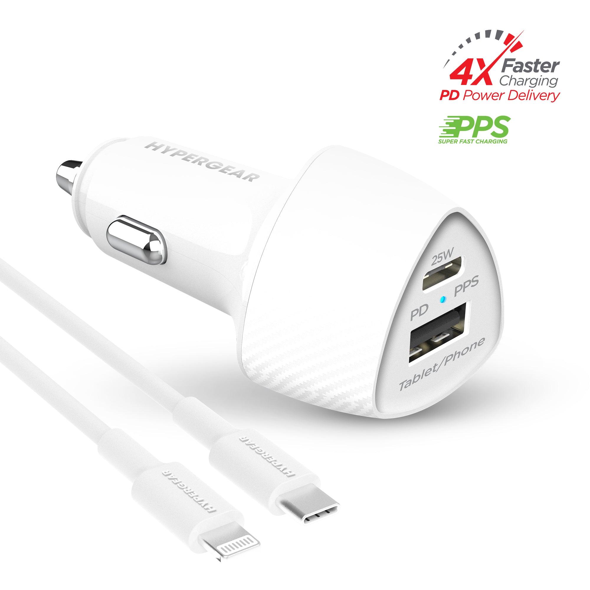 SpeedBoost 25W USB-C PD + 12W USB Fast Car Charger with PPS | Includes 4ft MFi Lightning Cable | White
