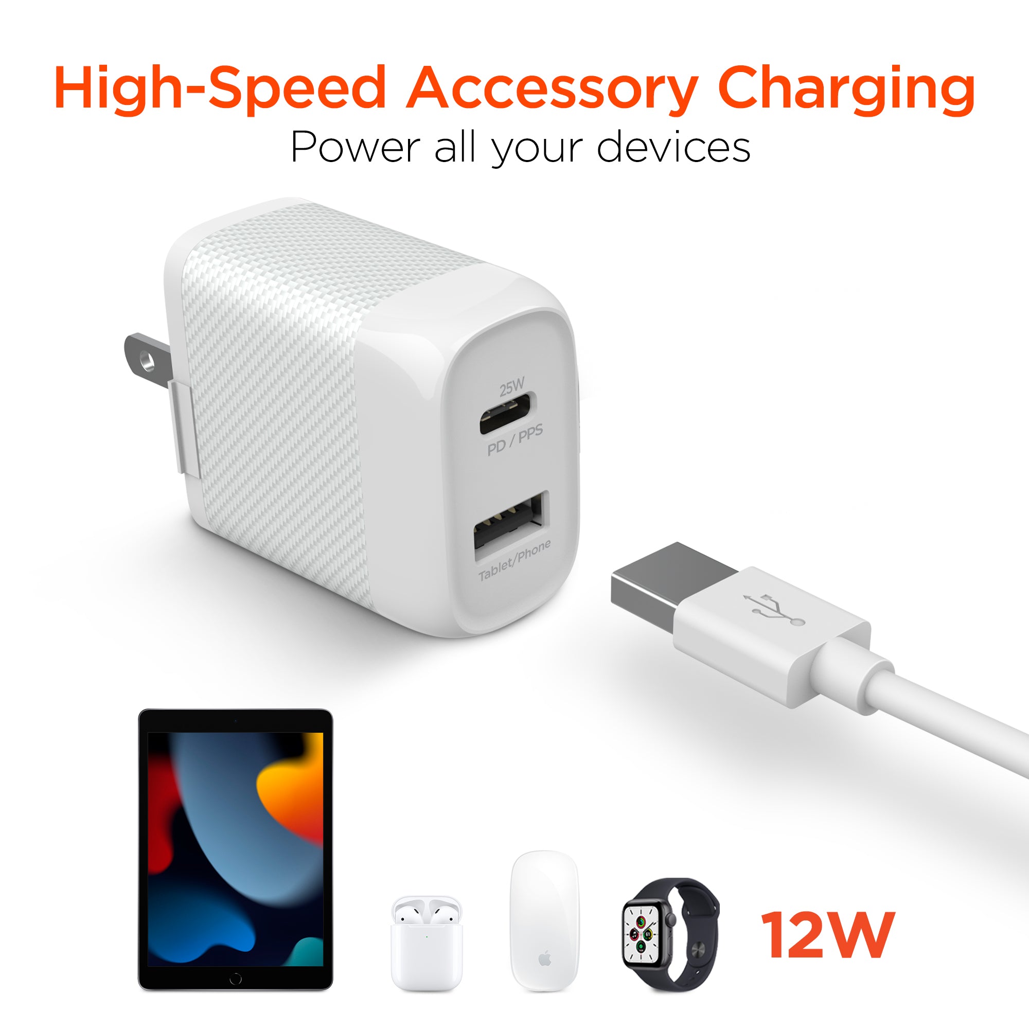 SpeedBoost 25W USB-C PD + 12W USB Fast Wall Charger with PPS | 6ft MFi Lightning Cable | White