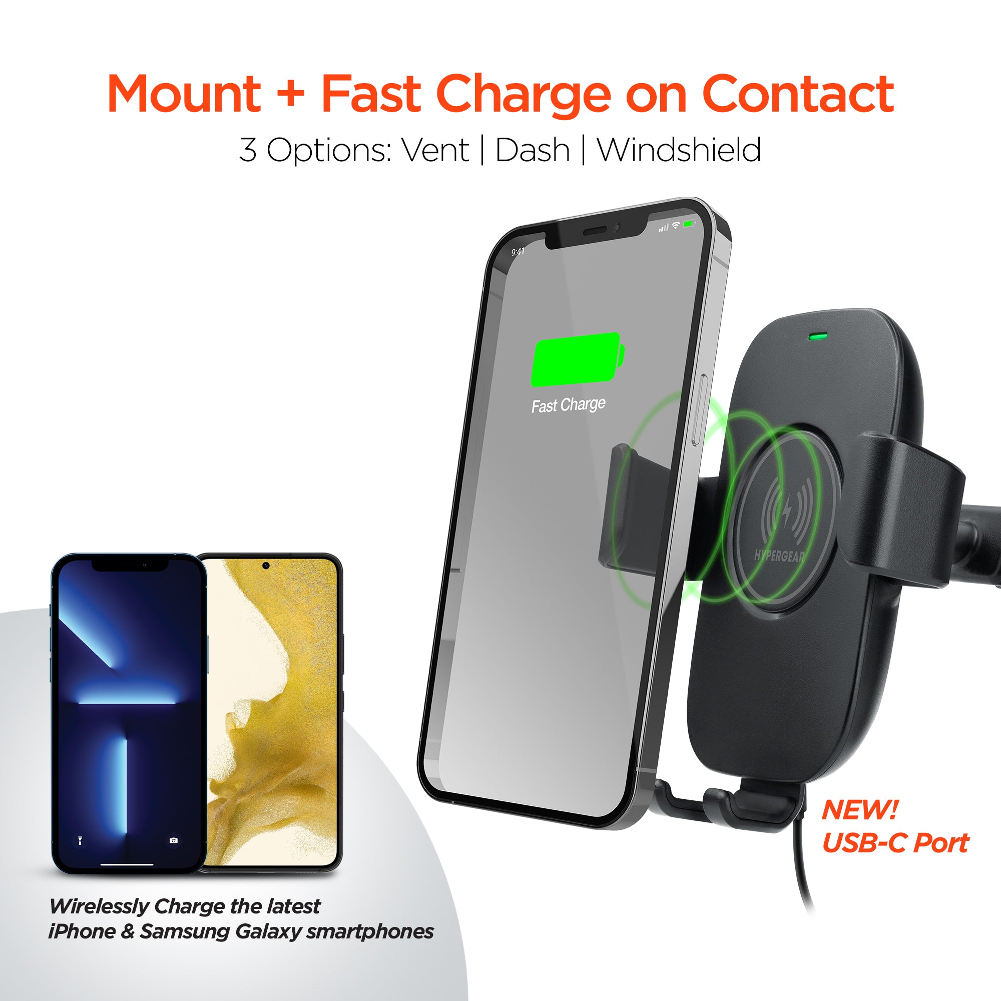 Gravity 15W Wireless Fast Charging Mount | Vent + Dashboard + Windshield | Black