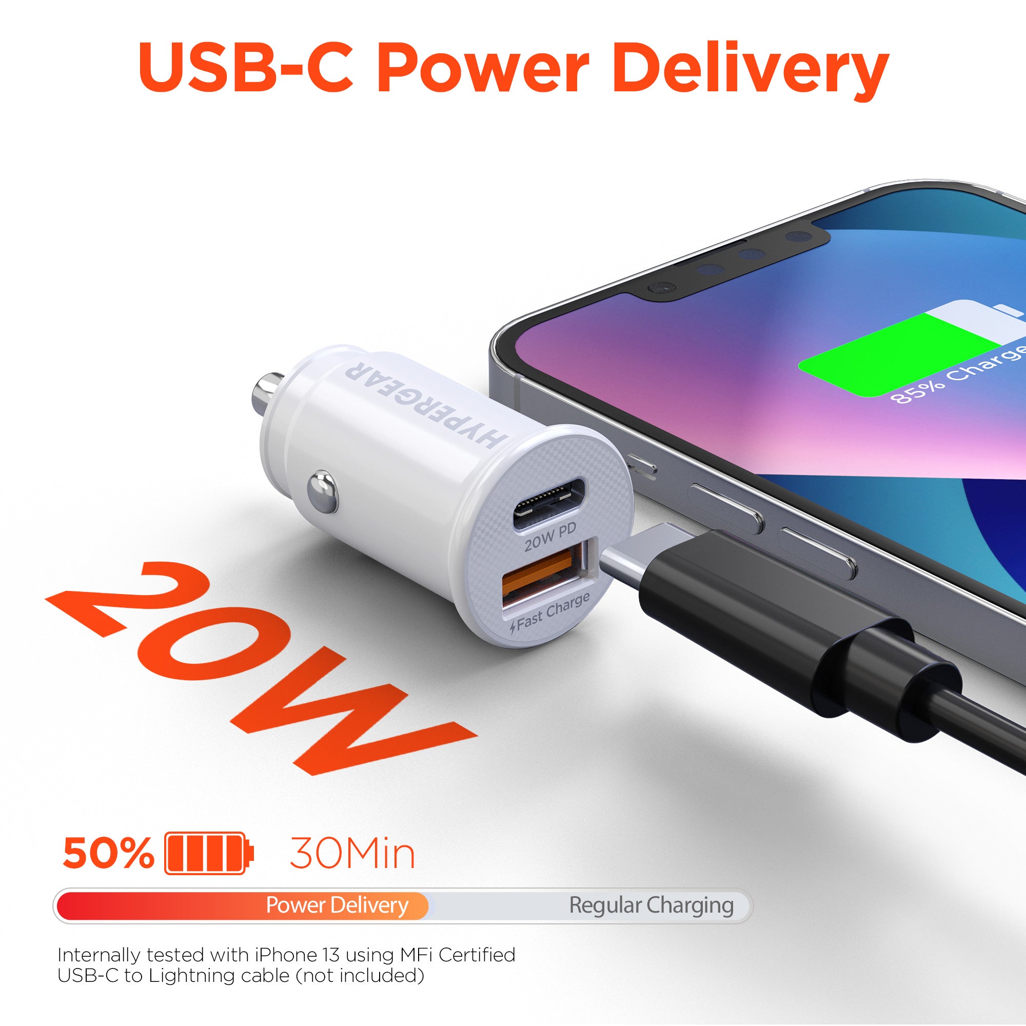 mini 20W USB-C PD + 18W USB Fast Car Charger | White