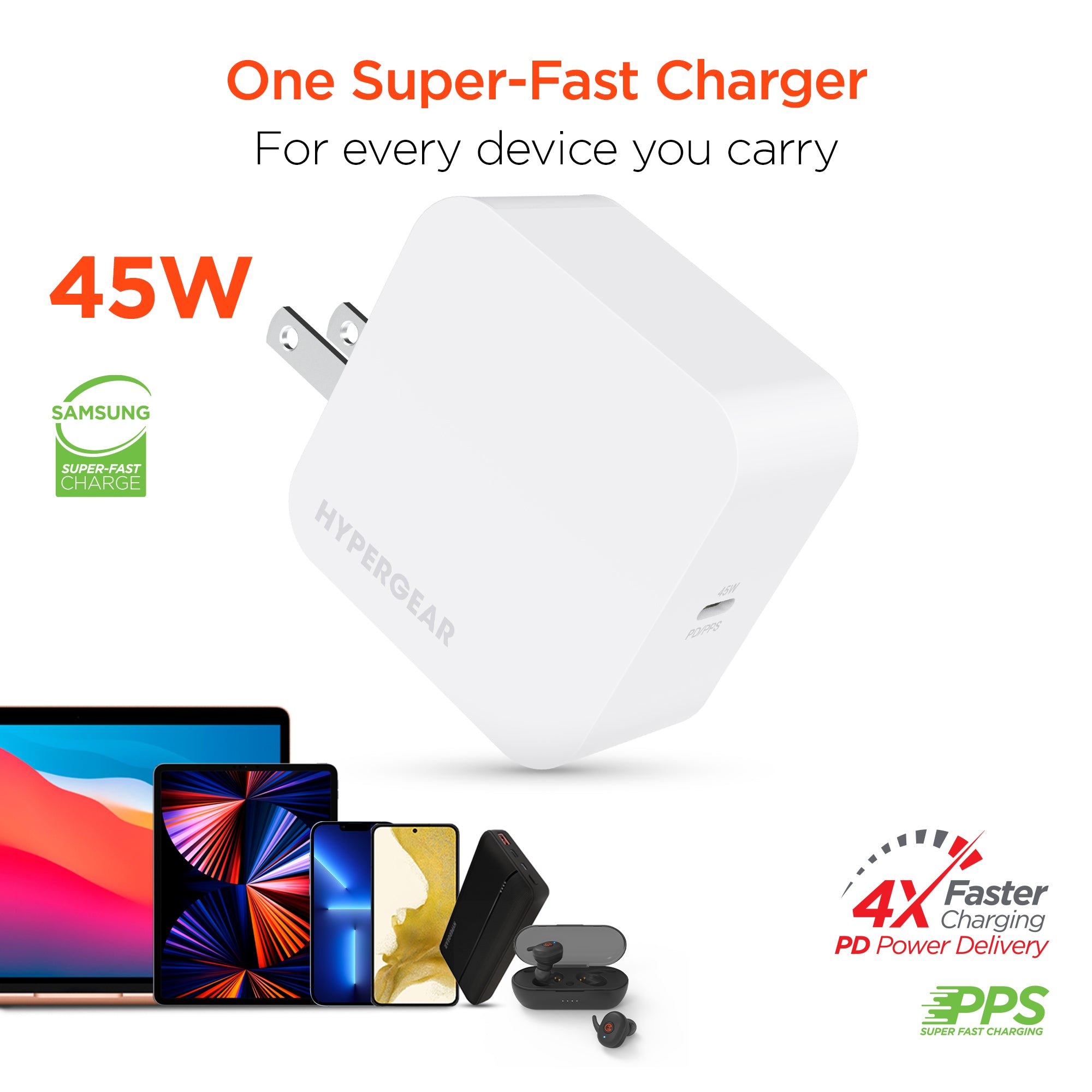 SpeedBoost 45W USB-C PD Laptop Wall Charger with PPS | White